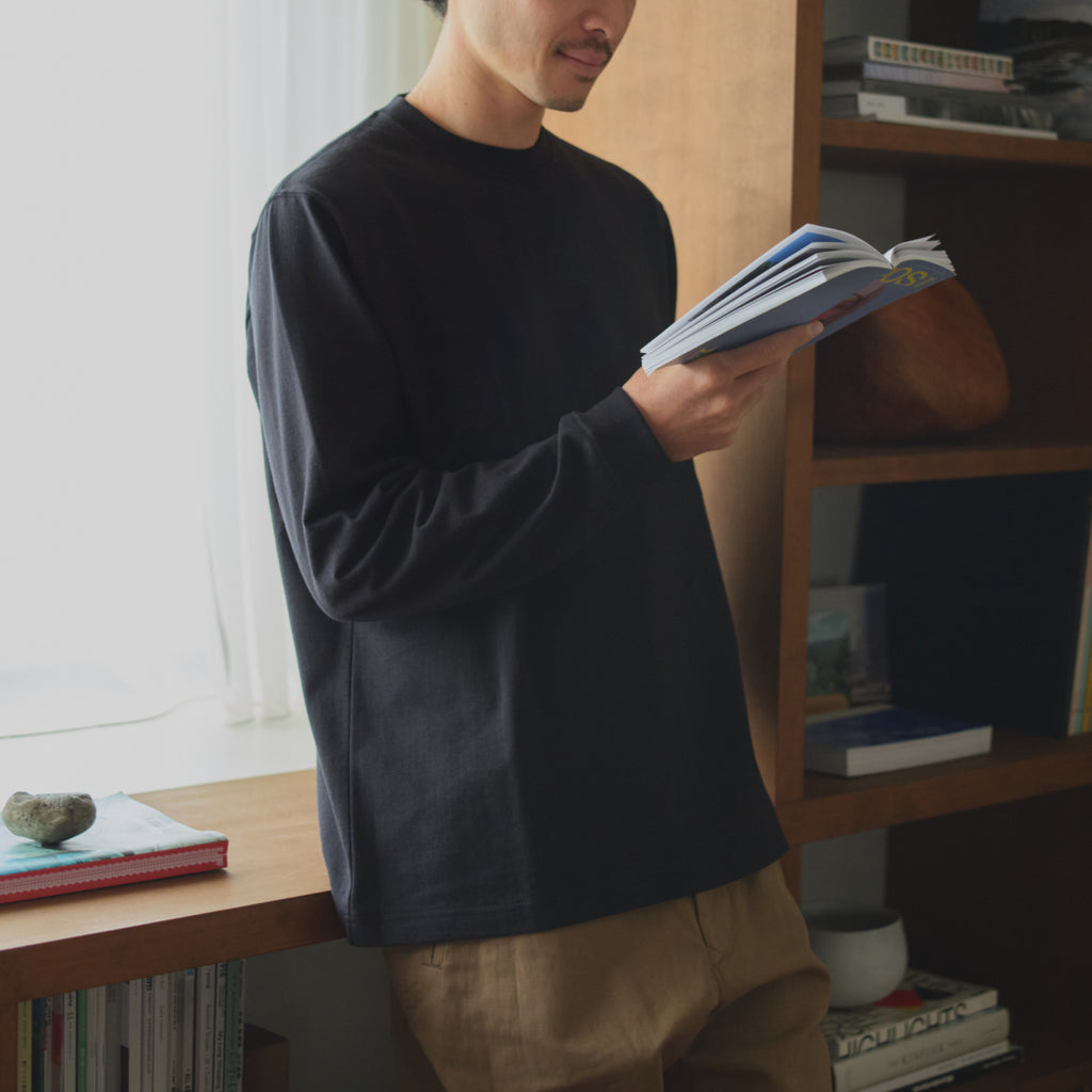 KINTO FUTO LOOPWHEEL KNIT LONG SLEEVE TOP S BLACK