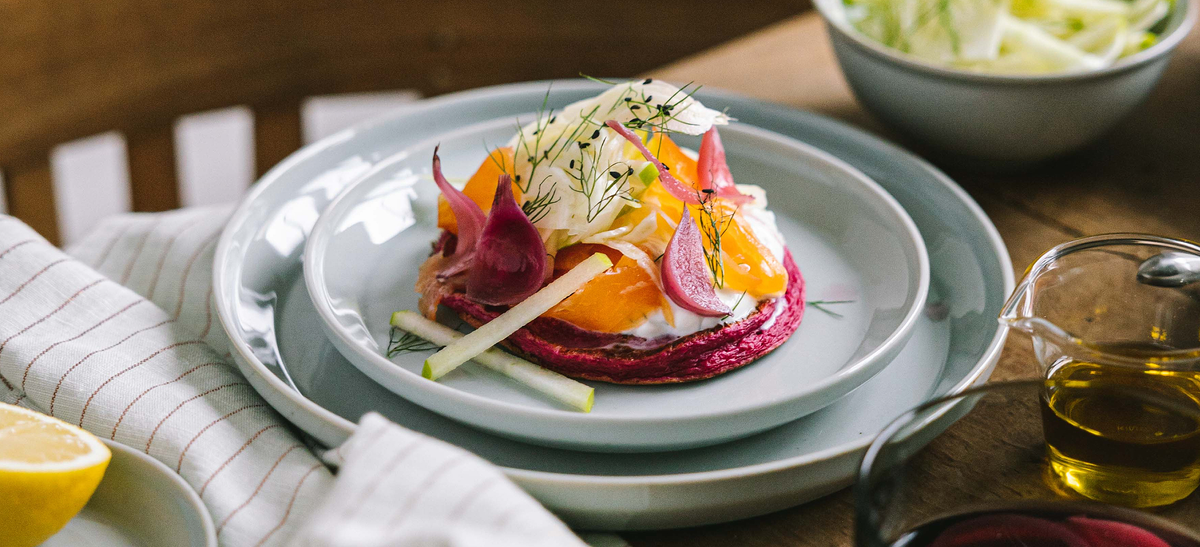 Pink Blinis with Salmon, Lemon Yogurt, Apple & Fennel, by Julia