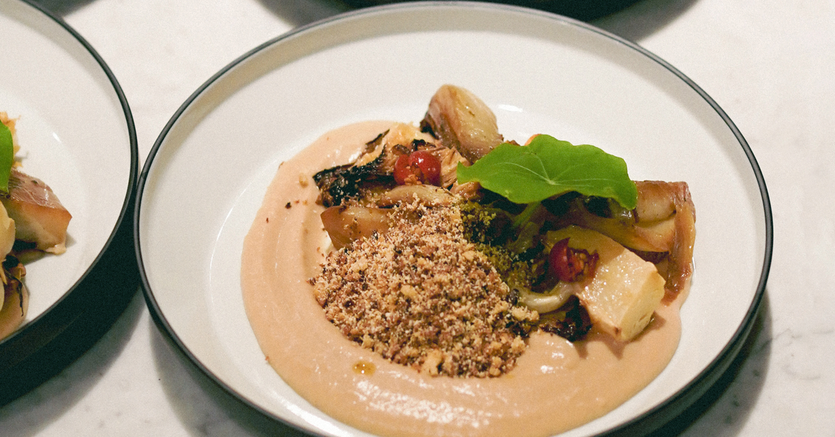 White Bean Miso with Sake Braised Cabbage & Fennel, and Chestnut Farofa, by Agnes Sakai