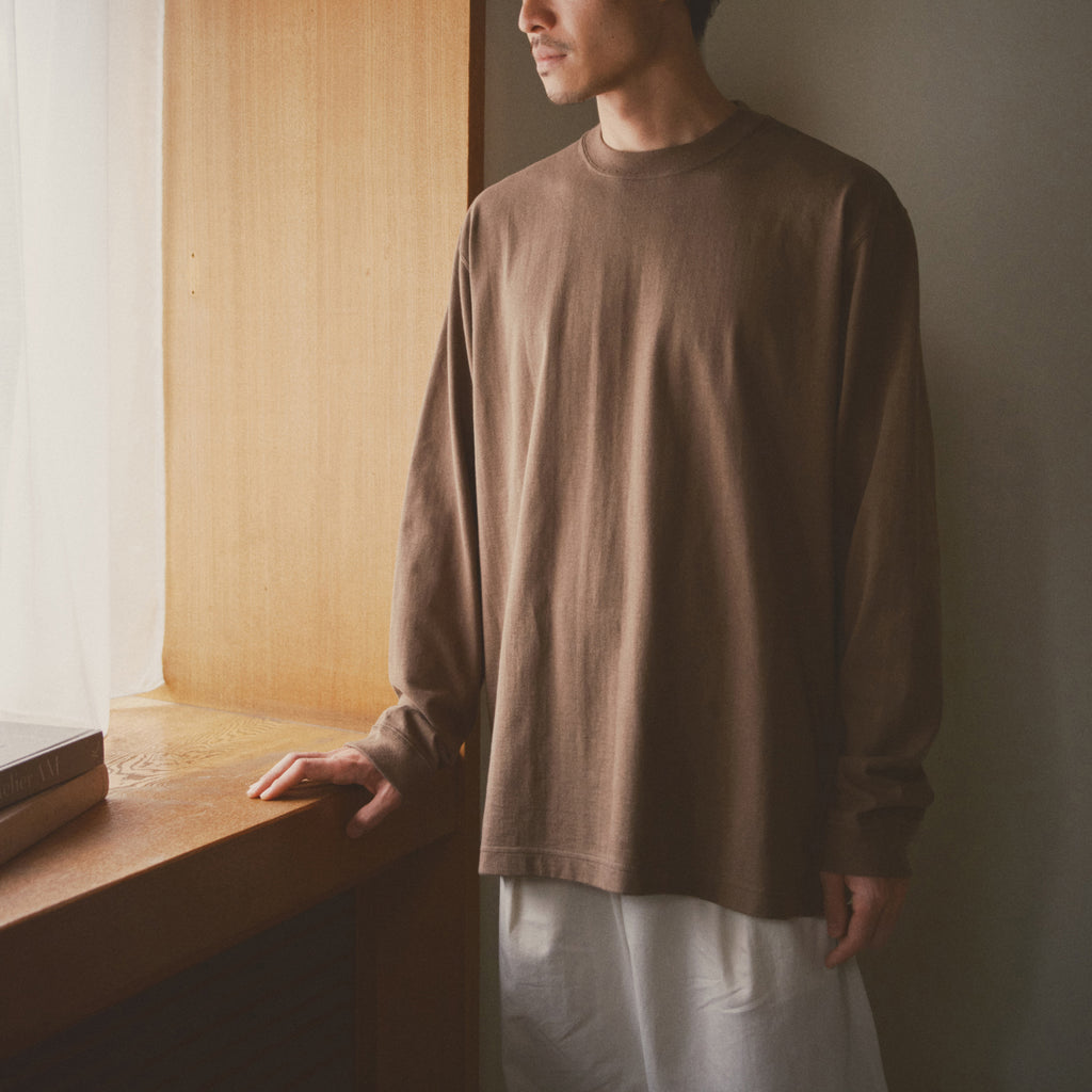 KINTO FUTO LOOPWHEEL KNIT LONG SLEEVE TOP L BROWN
